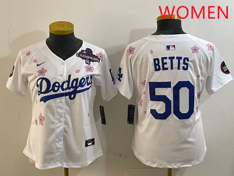 Women Los Angeles Dodgers #50 Betts White Sakura Edition 2025 Nike MLB Jersey style 8